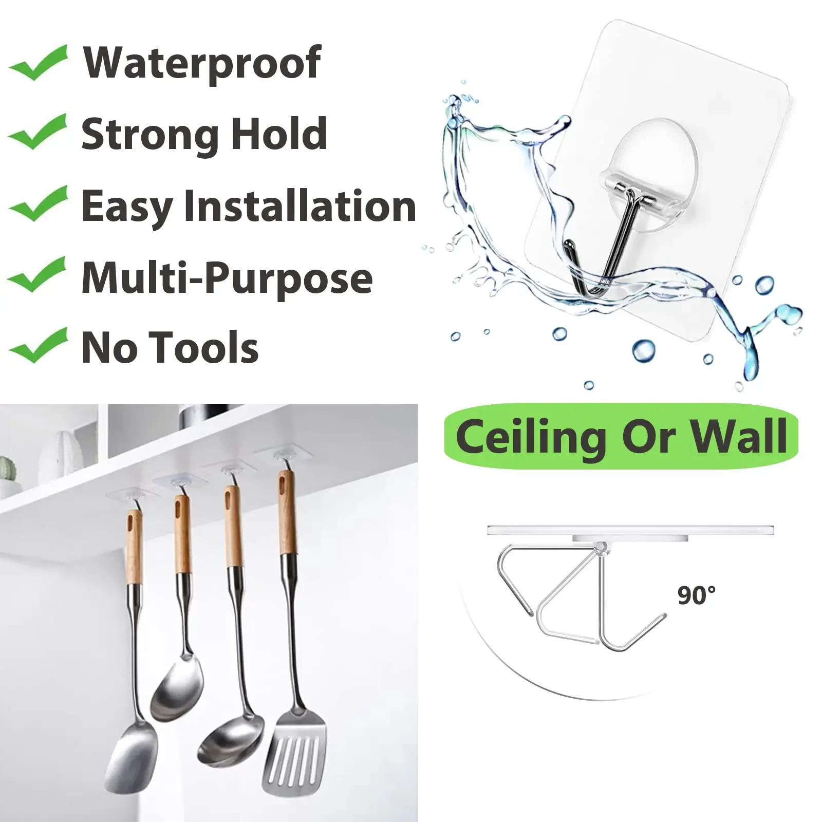 Description Picture 3 of itemWall Hooks Transparent Seamless Coat Hooks,Waterproof and Oilproof,Bathroom Kitchen Heavy Duty Self Adhesive Hooks 1/5/12/24Pcs