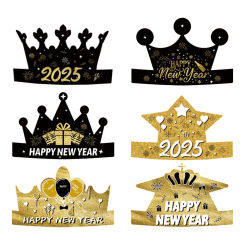 6/12pcs 2025 Happy New Year Paper Crown Hat New Year's Eve Party Photo Prop Carnival Photography Props Decor Christmas Supplies
