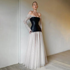 2023 Winter New White Mesh PU Splicing Skirt Long Sleeve Women's Puff Skirt French Luxury Skirt with Skirt