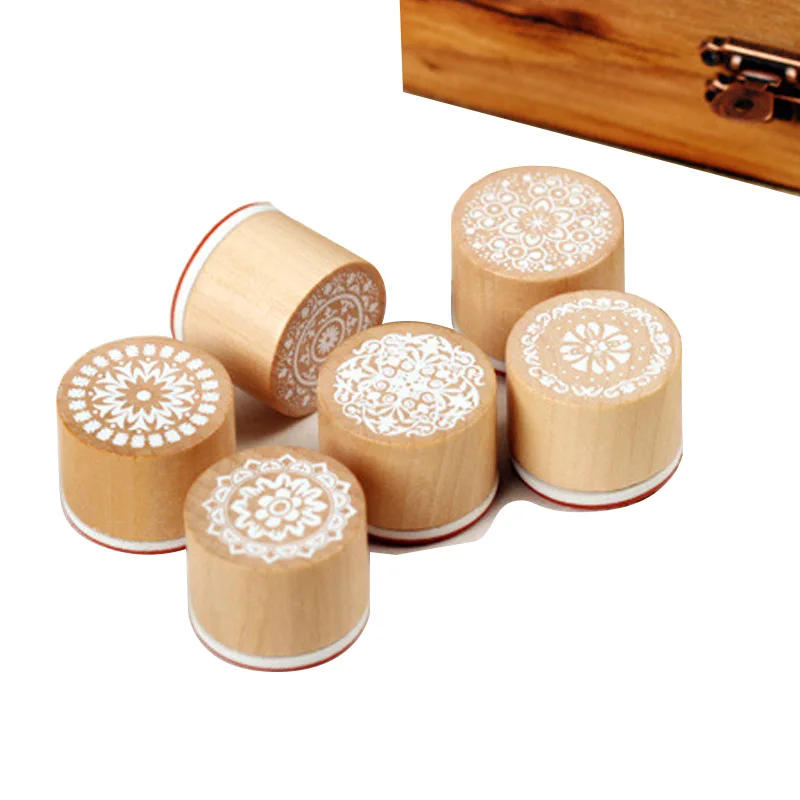 Description Picture 2 of item6pcs Wood Rubber Stamps Lace Round Wooden Stamp DIY Craft Scrapbooking Stamping Birthday Party Wedding Christmas Decoration