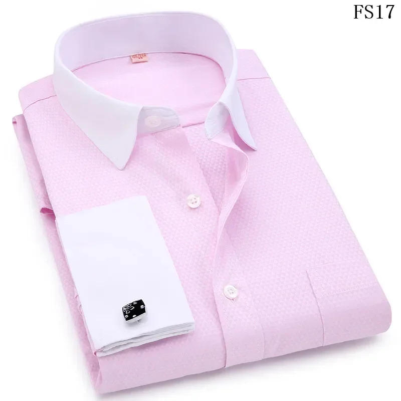 Description Picture 3 of itemLarge size Men French Cufflinks Shirts White Collar Design Solid Color Jacquard Fabric Male Gentleman Dress Long Sleeves Shirt