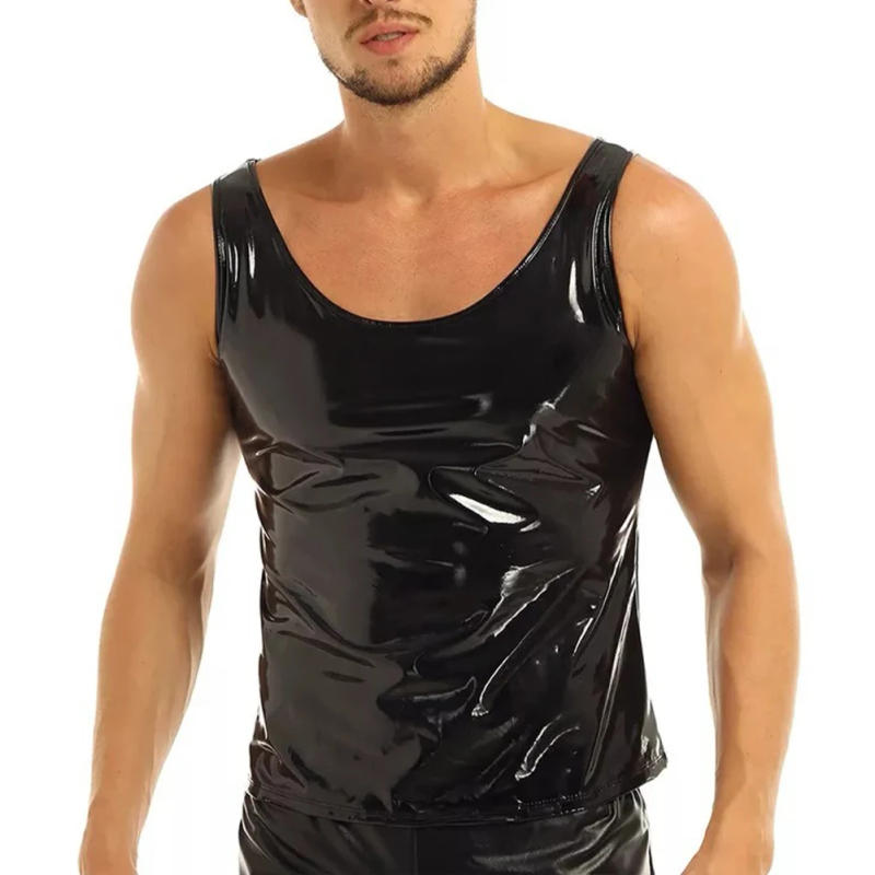 Description Picture 4 of itemPVC Patent Leather Undershirt Tank Tops for Men, Wet Look Sleeveless T Shirt, Slim Fit Vest Black, M 3XL Sizes Available