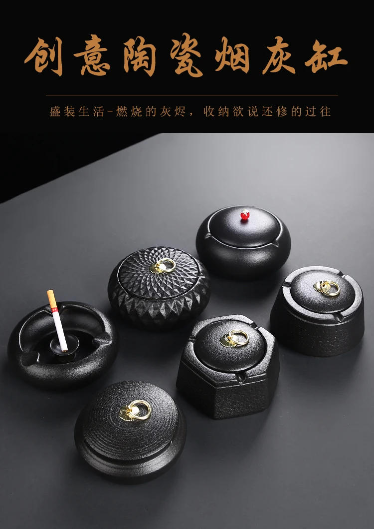Description Picture 2 of itemBlack Ceramic Ashtray Vintage Home Living Room Tea Table Ceramic Ashtray with Lid Bar Office Decoration Supplies Ashtray