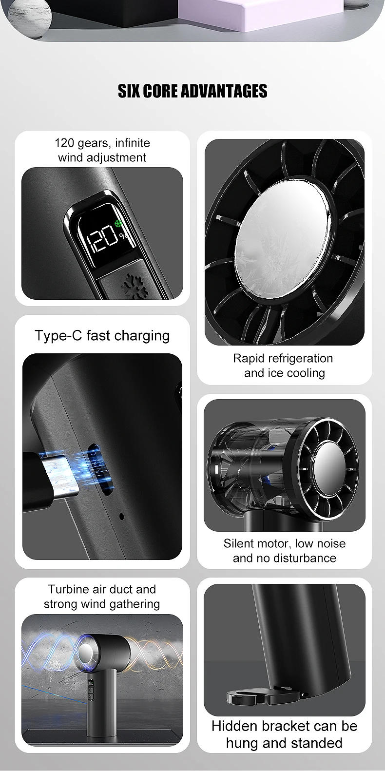 Description Picture 3 of item2025 New Portable Refrigeration Small Air conditioner 100 Wind High-speed Mini Handheld Fan USB Rechargeable Outdoor Turbo Fan