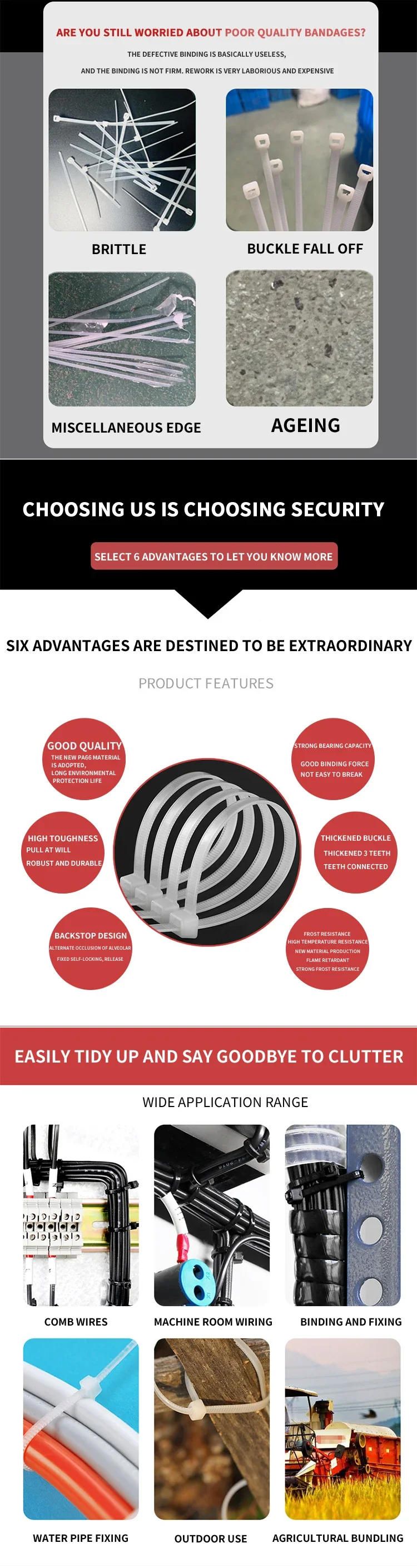 Description Picture 3 of itemPack of 1000/250Pcs Nylon Cable Tie Self-locking Wire Zip Ties Set Kit 3*100 3*150 4*200 Supply Fasteners Hardware Cable Ties