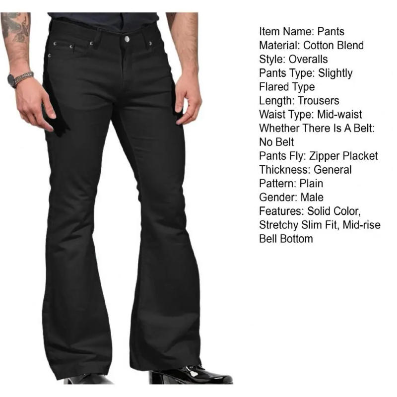 Description Picture 2 of itemStylish Men Flared Trousers Men's Vintage Flared Bell Bottom Jeans Solid Color Stretchy Slim Fit Mid-rise Trousers Harajuku