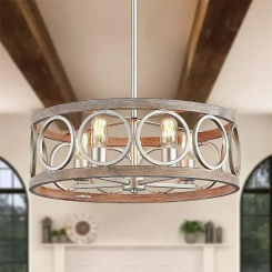 American Industrial Circular Pendant Chandelier Farmhouse Retro Iron Art Wood Grain For Restaurant Home Bedroom Ceiling Light