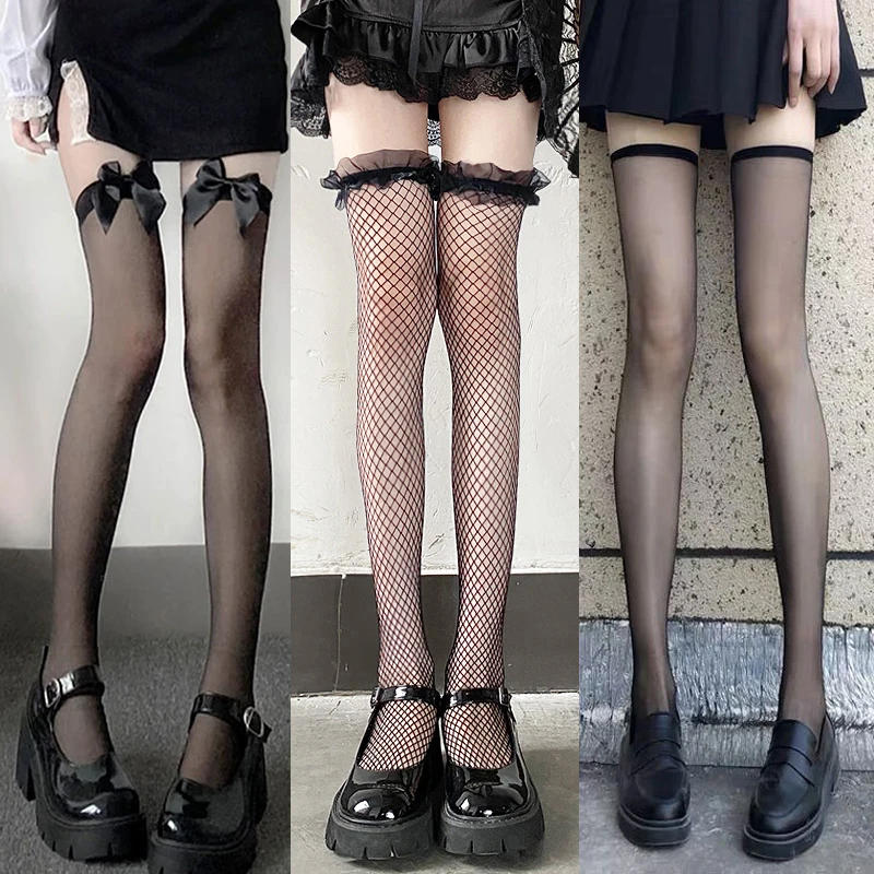 Description Picture 2 of itemLolita Bowknot Thigh High Long Socks Women Sweet Girls Black White Sexy Lace Over Knee Fishnet Stockings Gothic Mesh Legging