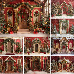 Mehofond Photography Background Winter Christmas Snowy Red Front Door Xmas Tree Kids Family Portrait Decor Backdrop Photo Studio