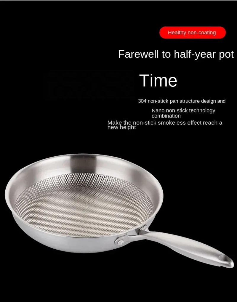 Description Picture 3 of itemFrying Pan 304 Stainless Steel Skillet 28/30cm Non-stick Pan NO-coating Eggs Steak Frying Pot Use Gas and Induction Stove Woks