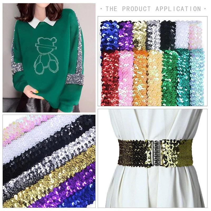 Description Picture 6 of item1Yard/Roll 3CM Sequined Elastic Band Lace Trim Stretch Ribbon DIY Dance Dress Clothes Decoration Applique Sewing Accessories