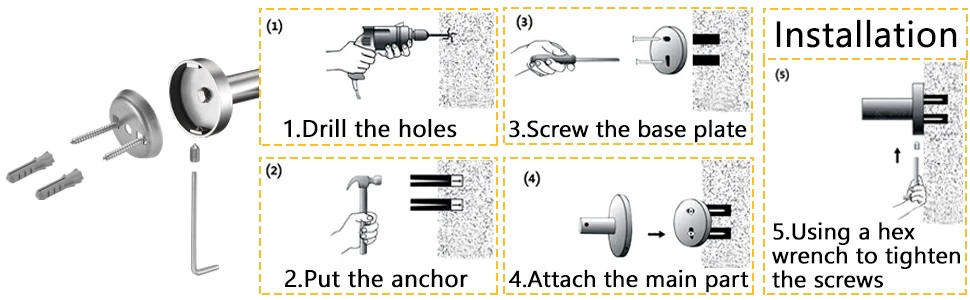 Description Picture 5 of item6 Pieces  Bathroom Hardware Accessories Set Hand Ring  Round Towel Bar Silver Toilet Paper Holder Towel Hooks,Heavy Wall Mounted