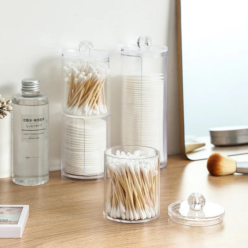 Description Picture 6 of item1/2pcs Cotton Swab Storage Box Makeup Jewelry Organizers Round Transparent Acrylic Jar Bathroom Cosmetic Home Organization