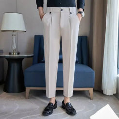 High-end Feel Casual Men's Trousers British Style Sleek Men's Wear Trendy Suit Trousers Tapered Formal Long Pants