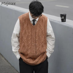 Sweater Vests Men Autumn Winter Fashion Ins Sleeveless Knitted Tops Loose V-neck All-match Keep Warm Fluffy Korean Style Popular