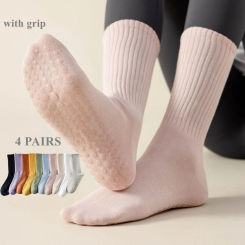 4 Pairs Yoga Socks with Grip Women Non-slip Pilates Socks  Anti-slip High Quality Cotton Fitness Sports Athletic Socks Ladies