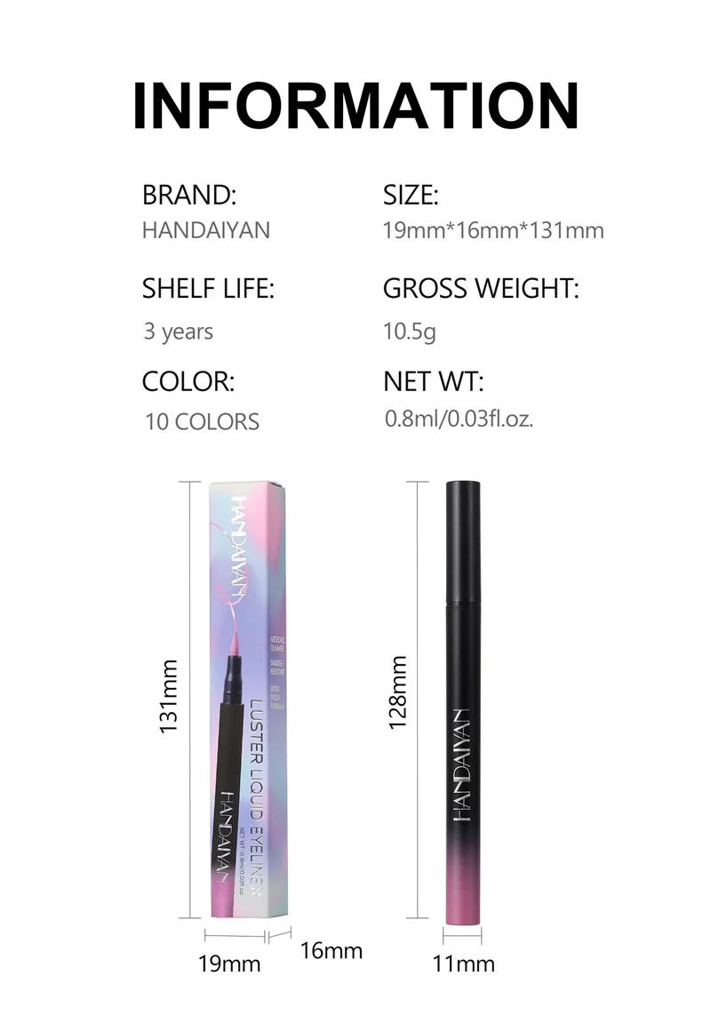 Description Picture 6 of itemGlitter Liquid Eyeliner Pencil Waterproof Purple Pink Blue Eye Liner Pen Long Lasting Quickily Drying Eyes Makeup Cosmetics