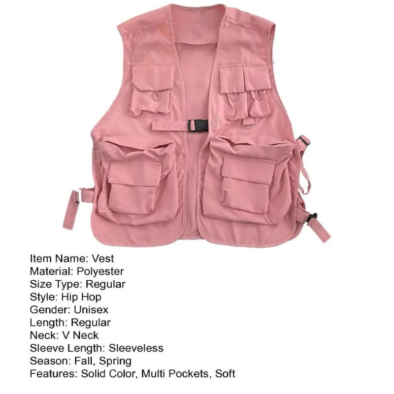 Description Picture 4 of itemMen Vest Streetwear Cargo Vest with Multi Pockets Buckle Closure for Men Women Hop Style Waistcoat for Urban Fashion Men Vest