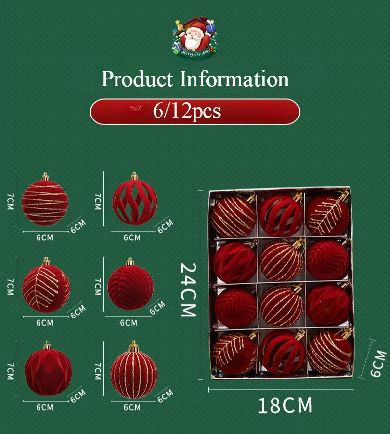 Description Picture 4 of item6/12pcs 6cm Wine Red Christmas Ball Ornaments Dark Green White Christmas Tree Party Decoration New Christmas Spheres Pendant