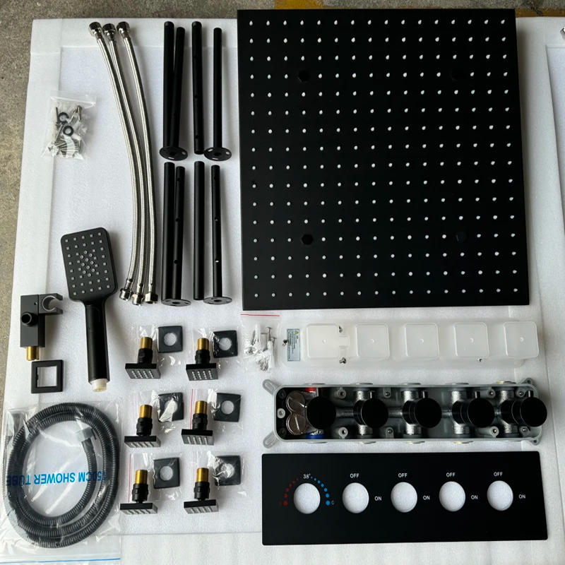 Description Picture 2 of item20'' Black Shower Set 500mm LED ceiling Rain Mist Shower head Body jets 2'' Massage Thermostatic 4 Ways mixer