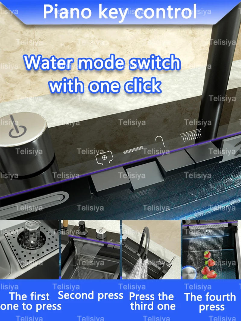 Description Picture 5 of itemStainless Steel Kitchen Sink with Trash Can Embossed Wash Basin with Waterfall Faucet Digital Display Large Single Solt