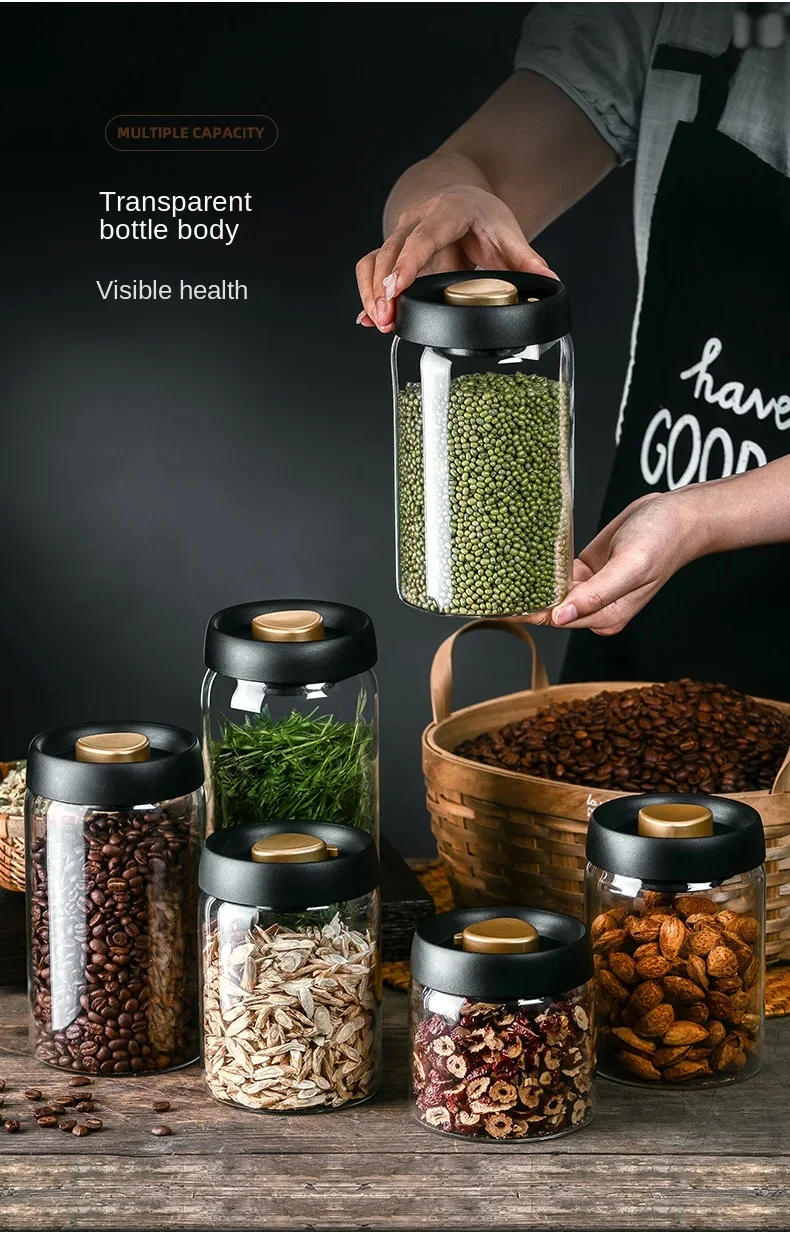 Description Picture 6 of itemGlass Jar Airtight Canister Food Container Tea Vacuum Sealed Coffee Beans Storage Bottles Creative Home Kitchen Jar Glass Tanks