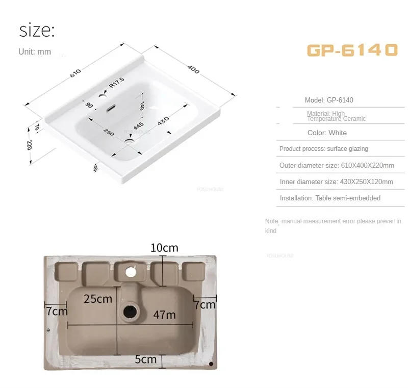 Description Picture 2 of itemCreative Semi-recessed Wash Basin Modern Ceramic Bathroom Sinks Rectangular Single Basin Bathroom Vanity Home Toilet White Sink