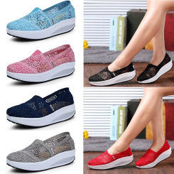 Women Toning Shoes Lace Breathable Swing Shoes Platforms Slip On Casual Shoes Female Slimming Wedge Sneakers