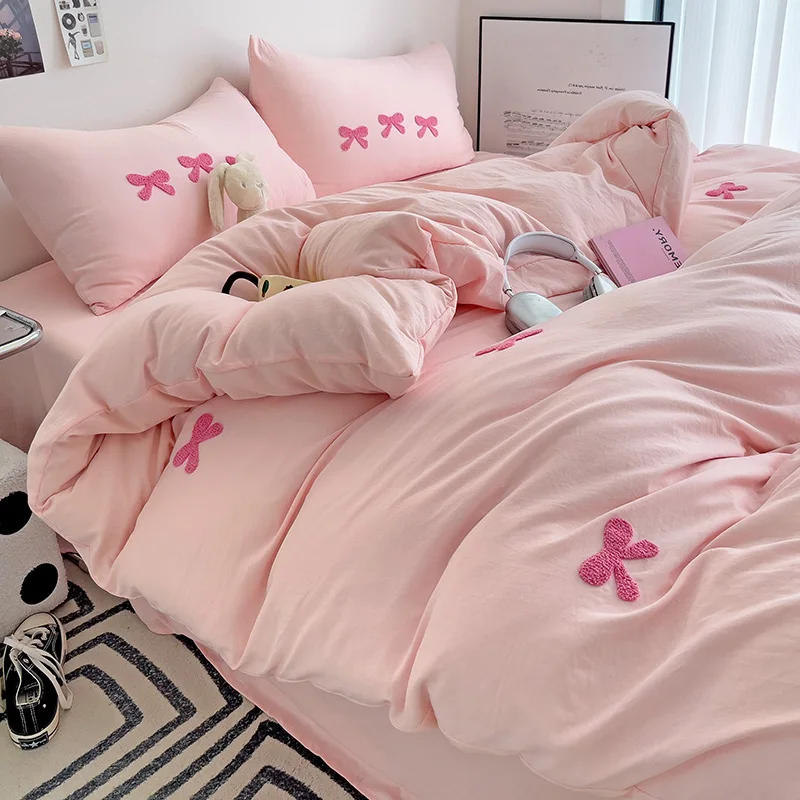 Description Picture 6 of itemCute Pink Bows Duvet Cover Set, 3D Embroidery Bedding Sets Pink Bed Set, Comfy Queen Comforter Covers Soft for Girls Kids Teens