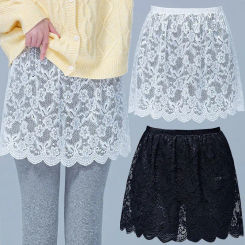Women Floral Lace Layering Faux Top Mini Skirt Pleated A-Line Flare Fake Hem Shirt Extender Half-Length Underskirt