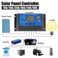 10/20/30/40/50/60A Blue Solar Panel Controller 2 USB Digital Display LCD Screen 12V/24V Solar Panels Battery Charge Controller