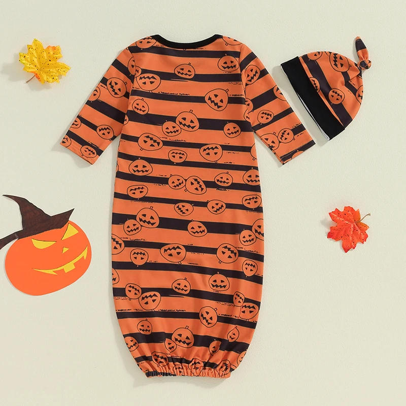 Description Picture 3 of itemToddler Long Sleeve Sleeping Sack Halloween Striped Pumpkin Print Baby Wearable Blanket and Beanies Hat Set for Infant