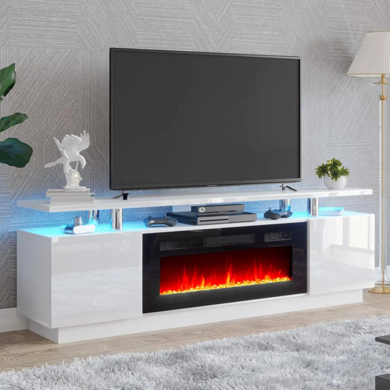 Description Picture 2 of itemFireplace TV Stand with Fireplace Modern High Gloss Fireplace Entertainment Center LED Lights 2 Tier TV Console Cabinet White