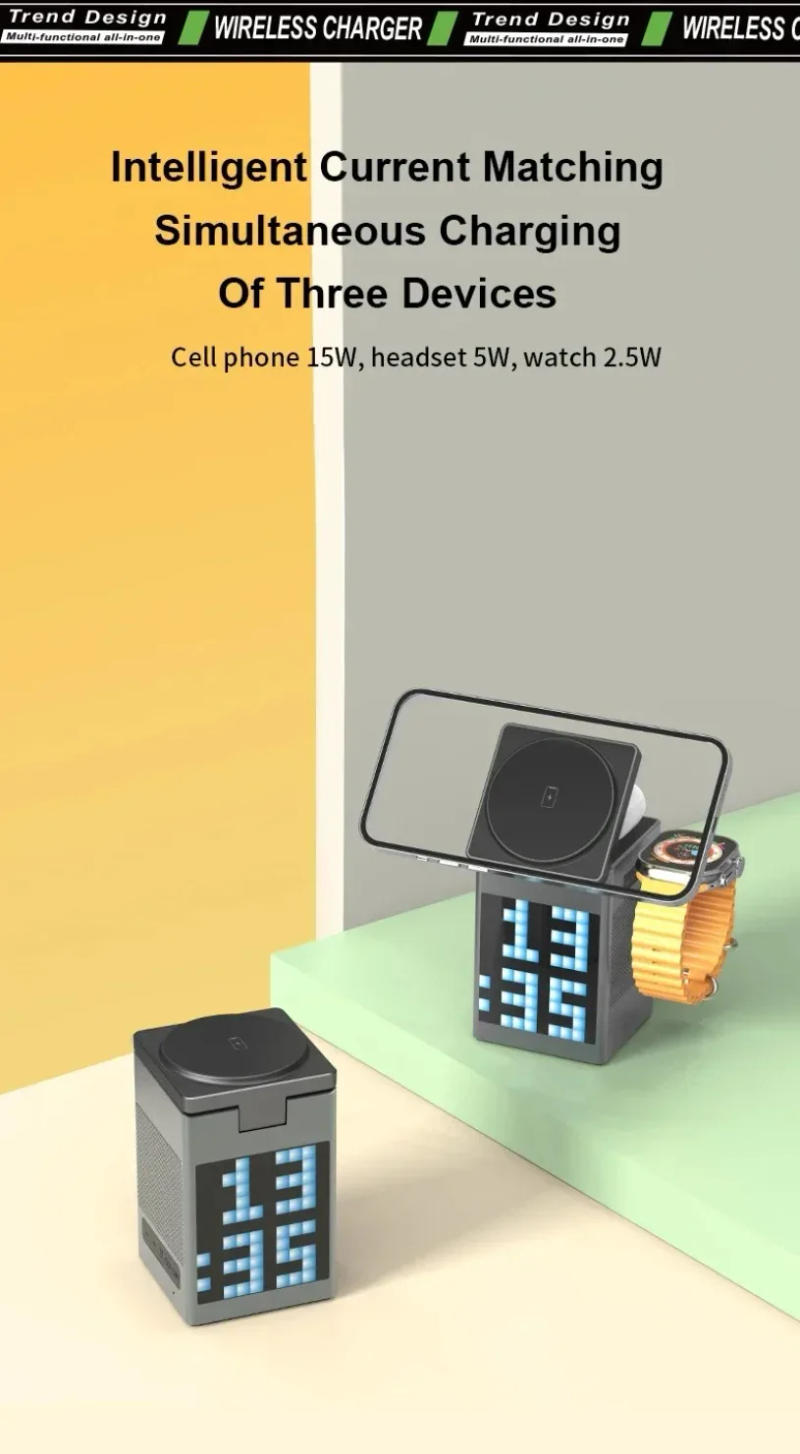 Description Picture 4 of itemwith Bluetooth Speaker Alarm Clock 6 in 1 Magnetic Multi-function Wireless Charger for Iphone 16 15 Pro Max for Airpods Iwatch