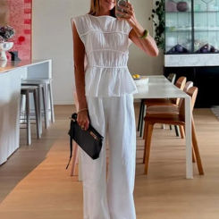 Elegant Pleated Tank Top Pants Sets Women Sleeveless O-neck Solid Vest Wide Leg Trousers Suits 2025 Spring Commuting Outfits