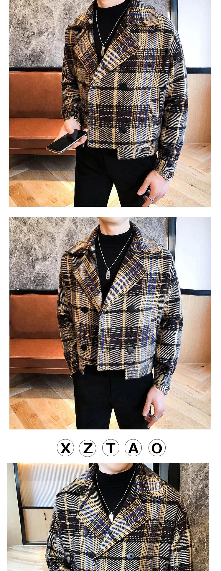 Description Picture 4 of itemWool Blend Trench Coat Hommes Veste Abrigo Largo Hombre Woolen Coat Men Short Erkek Mont Korean Slim Plaid Jacket Men Tweed Coat