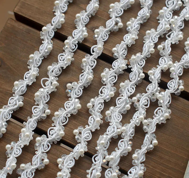 Description Picture 3 of item90cm Pearl Beaded Lace Trim Tape Crystal Ribbon DIY Collar Sewing Garment Belt Wedding Dress Braided Lace Materials White Black