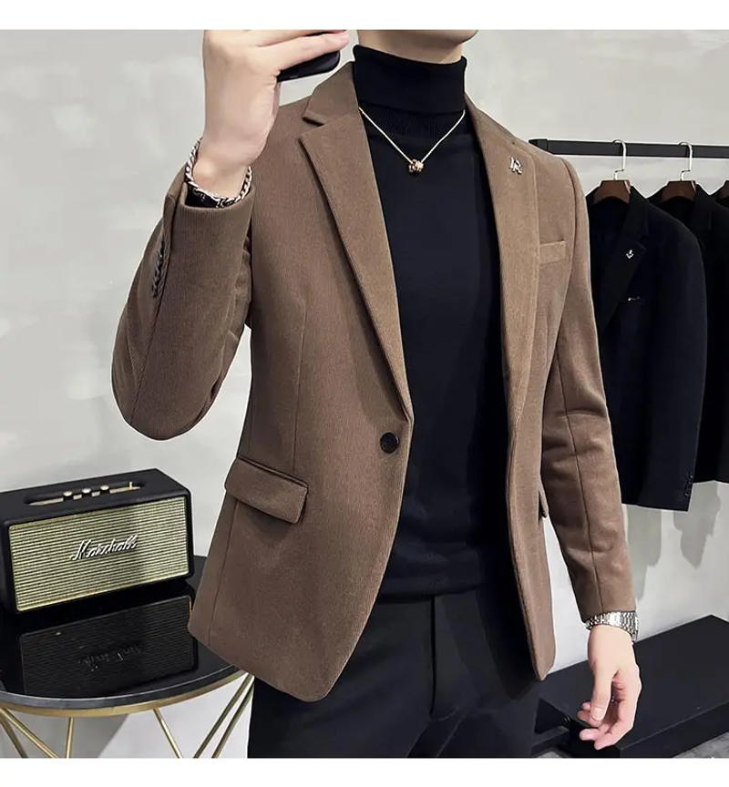 Description Picture 6 of itemPremium Brand Men's Winter Coat Fashion Dark Woolen Blazers Men New Fall/winter Thickened Suit Jacket Slim Casual Tuxedo for Men