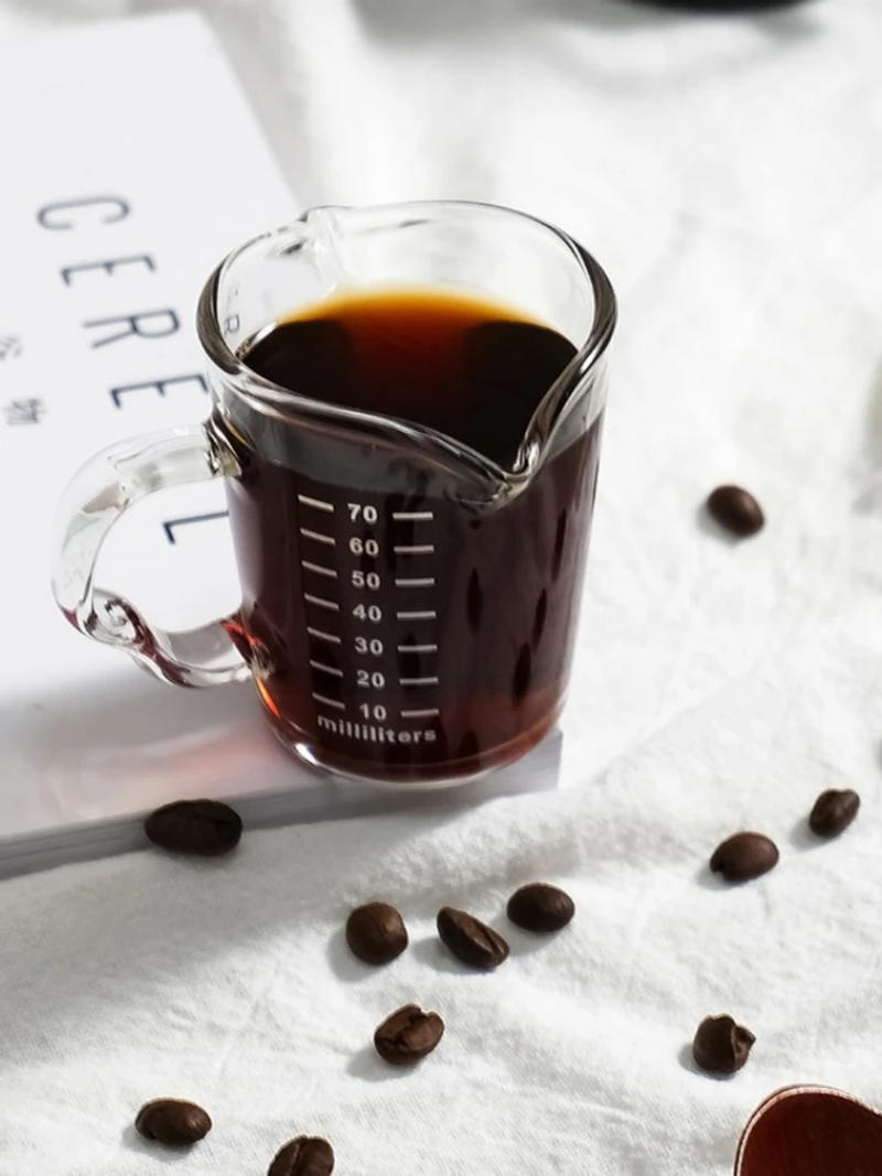 Description Picture 6 of item70/150ML Espresso Glass Cup Wooden Handle Measuring Cup Milk Latte Jug Coffee Supplies Kitchen Mug Drinkware Double Bottom