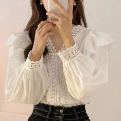 Fashion V-neck Long Sleeve Ruffles Women Blouse Puff Sleeve Tops Loose White Sweet Shirts Casual Office Lady Elegant Clothing