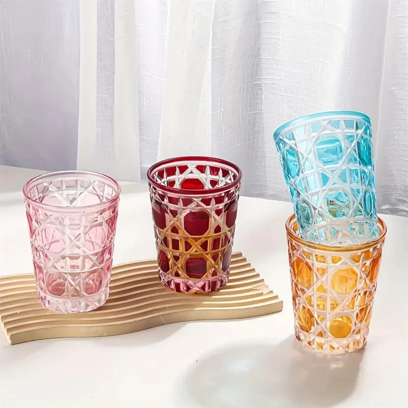 Description Picture 3 of item310ml European Style Creative Whiskey Glasses Colorful Checkered Glass Cup Hand-carved Drinking Water Bottle Summer Coffee Mugs