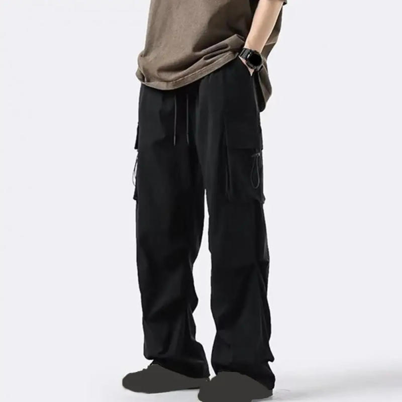 Description Picture 6 of itemWide Leg Sweatpants Men's Multi-pocket Cargo Pants with Drawstring Detail Elastic Waist Streetwear Style Solid Color for Outdoor