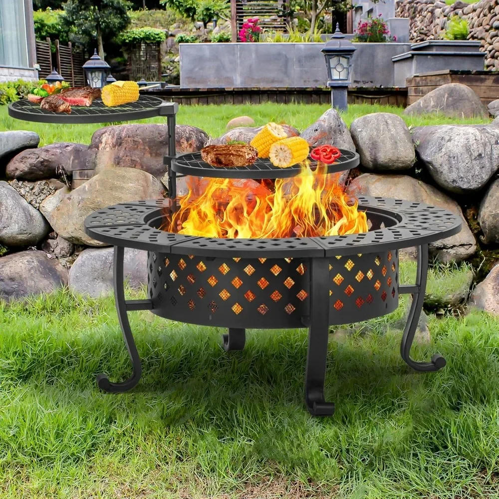 Description Picture 3 of item42 Inch Fire Pit with 2 BBQ Grills, Wood Burning Fire Pits for Outside with Lid & Fire Poker, BBQ& Outdoor Firepit & Round Metal