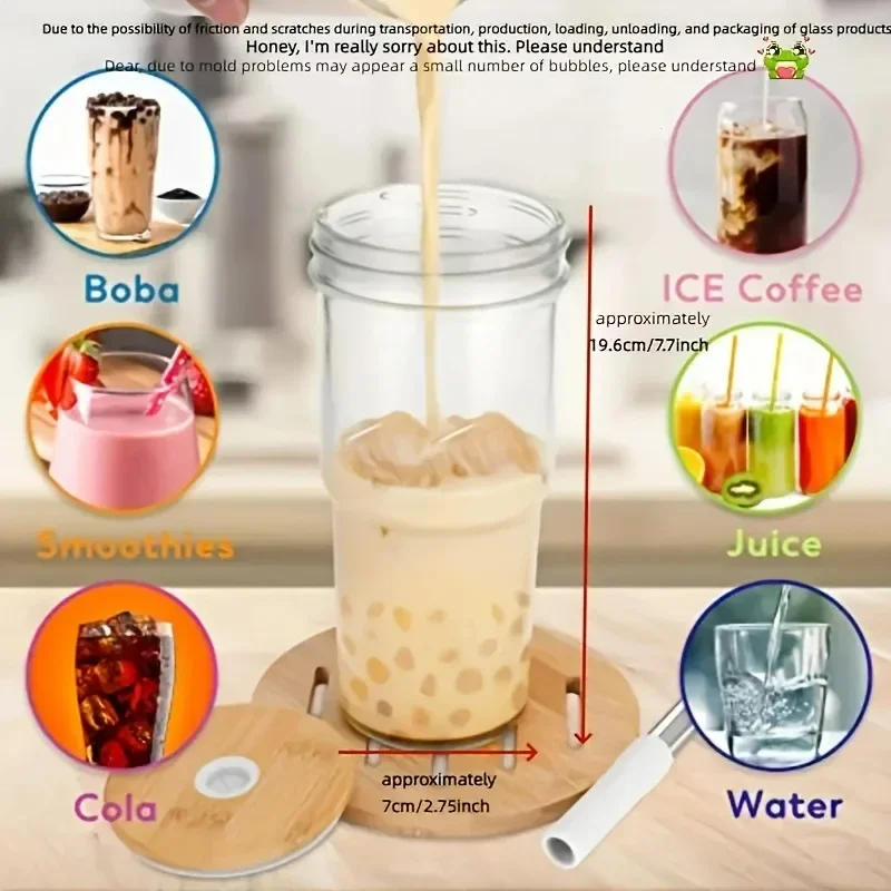 Description Picture 3 of item24OZ Glass Cup With Wooden Lid Straw Transparent Pearl Milk  Juice Milk Thickened Glass Cup Breakfast Cup Drinkware Coffee Mug