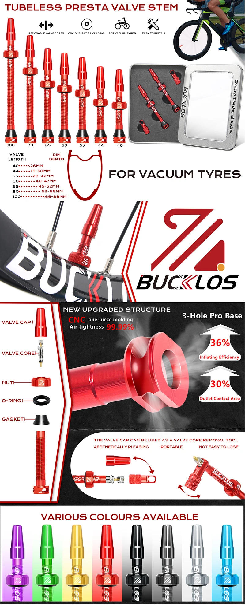 Description Picture 2 of itemBUCKLOS 2PCS Road Bike Tubeless Valve 40mm 60mm CNC Aluminum Alloy Bicycle Valve Presta F/V Tubeless Valve 44mm 55mm 80mm 100mm