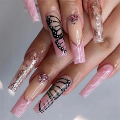 24Pcs/Lot Extra Long Ballet Fake Nails Butterfly with Diamonds Pink Full Cover Acrylic Press on Nail Tips Wearing Fake Nails Art