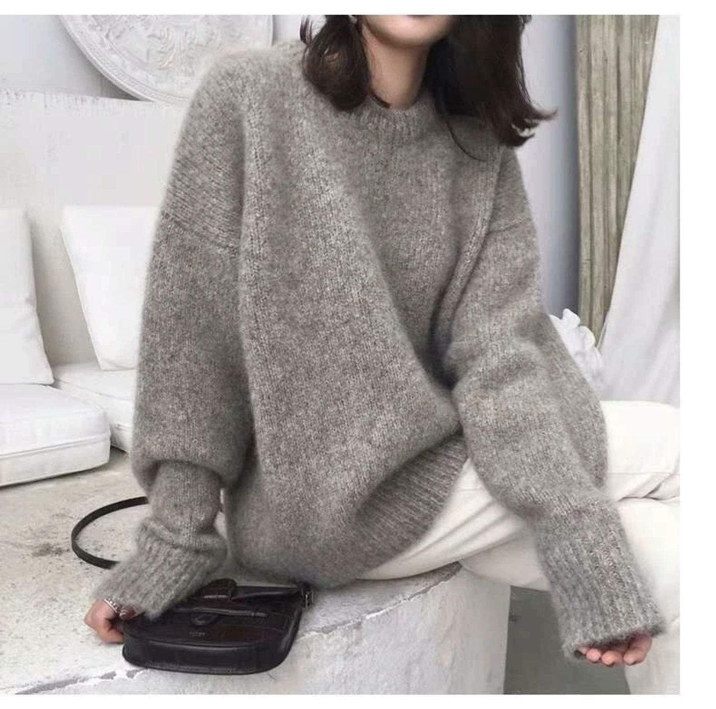 Description Picture 6 of itemHigh-end heavy cashmere sweater women round neck 2022 fall/winter straight tube lazy wind large size thick pullover loose sweate