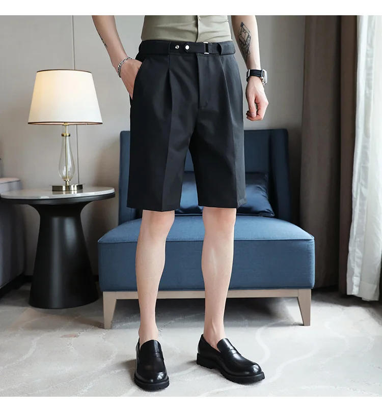 Description Picture 4 of itemSummer Fashion Men Belt Buckle Design Knee Length Shorts 2024 Formal Men Slim Casual Suit Shorts Korean Business Social Shorts