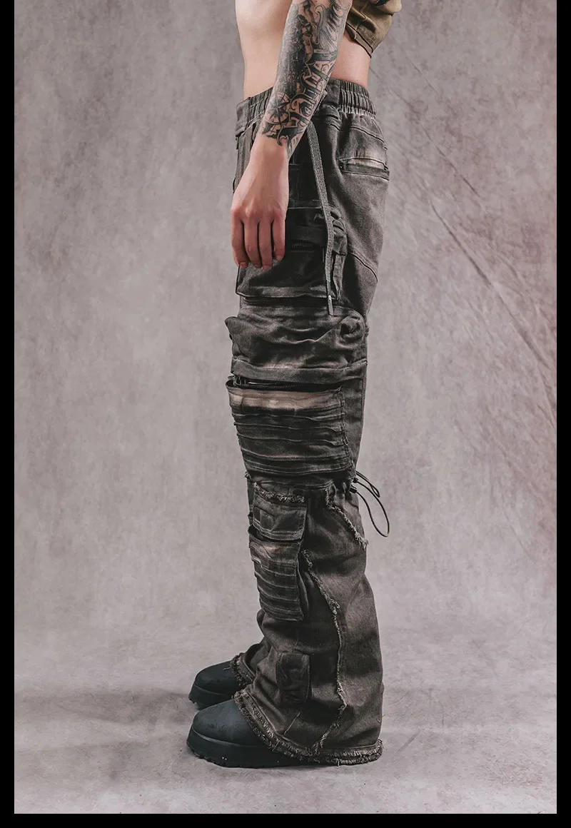 Description Picture 5 of itemHeavy Industry Stereoscopic Patch Bag Layered Distressed Washed Technology Wide Legs Big Horn Cargo Pants for Men