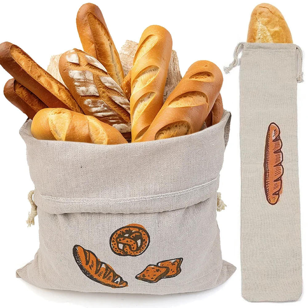 Description Picture 4 of itemLinen Bread Bags Reusable Food Storage Bags Large Drawstring Cotton Baguette Bag Fresh Eco Friendly Keeping Kitchen Organizer